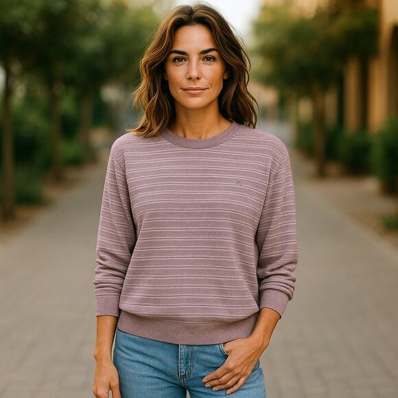 Penguin Womens Sweatshirt Size Large Heathered Wine White Striped - Picture 2 of 7